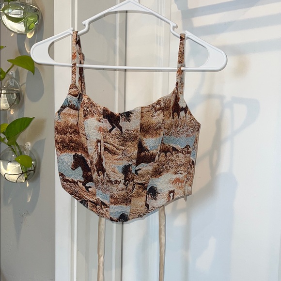 Tic Toc Tops - Women's Horse Print Crop Cami Top in Brown & Blue